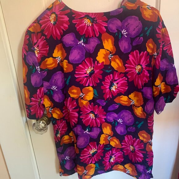 Vtg Floral Blouse Chaus Sz 10 Multicolor Floral Belt Gold Buttons Maximalist - Picture 4 of 6